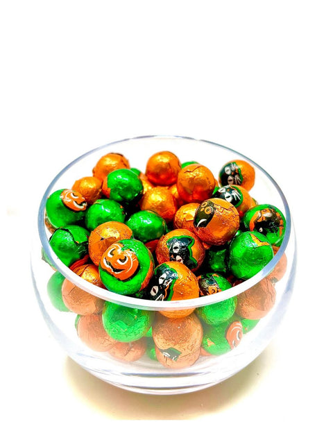 Assorted Halloween Balls - solid premium milk chocolate wrapped in festive Halloween foils by Phillips Chocolate.