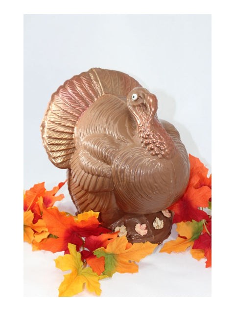Centerpiece Turkey - Semi-solid milk chocolate turkey sculpture, perfect for Thanksgiving dessert and table centerpiece, 3 lbs and 9 inches tall by Phillips Chocolate.