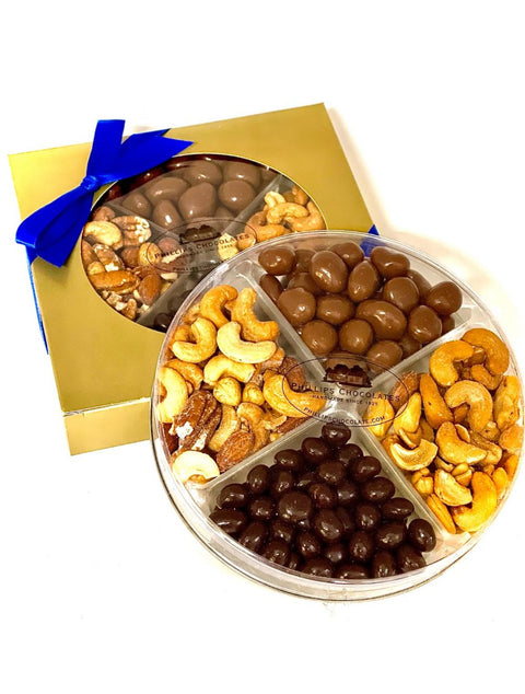 Nut & Chocolates Round packaging showcasing a variety of delicious mixed nuts and chocolates for festive gift giving.