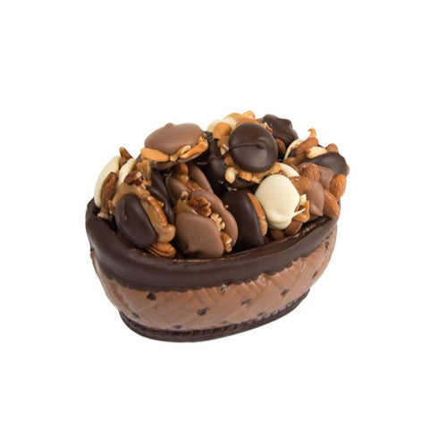 Signature Turtle Basket filled with an assortment of milk, dark, and white chocolate turtles with pecans, cashews, and almonds, perfect for gifting or indulging.