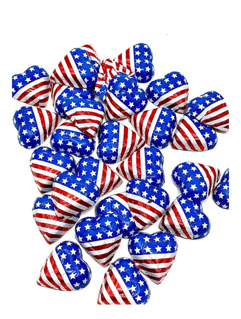 Stars&Stripes Hearts Choc 8 oz Foiled - festive chocolate hearts wrapped in patriotic foil from Phillips Chocolate