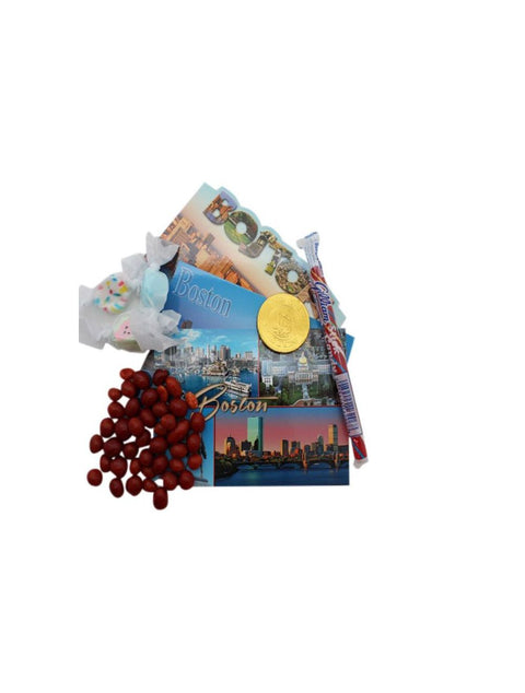 Boston Postcard Package featuring a delicious assortment of milk chocolate Phillips Candy House coin, Boston Baked Beans, and Salt Water Taffy, perfect for souvenirs.