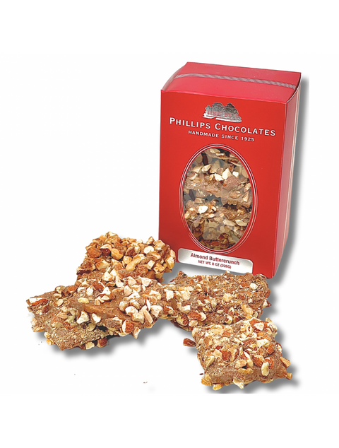 Delicious Almond Buttercrunch Box by Phillips Chocolate, featuring crunchy almond pieces and rich chocolate.