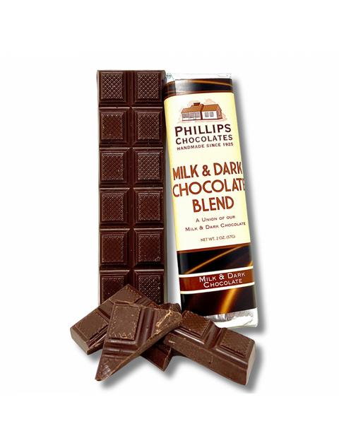 Delicious BAR MILK & DARK BLENDED chocolate from Phillips Chocolate, showcasing the perfect blend of Classic Milk and Dark Chocolate.