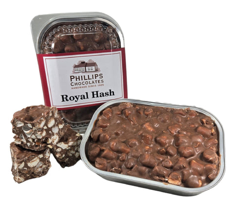 Small Milk Chocolate Hash Tin filled with milk chocolate, marshmallows, nuts, and hazelnut butter by Phillips Chocolate.