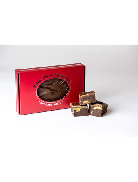 Elegant display of Phillips Chocolate Walnut Fudge Tray featuring old-fashioned fudge perfect for indulgence or gifting.