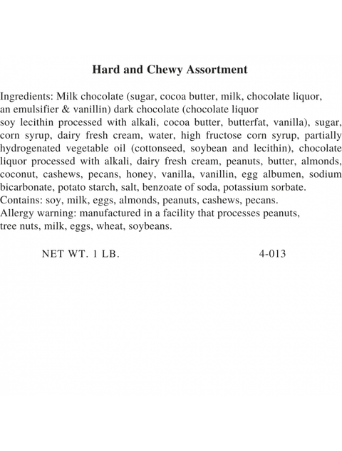 Ingredients list for 1lb Hard and Chewy Assortment by Phillips Chocolate, detailing a blend of premium ingredients including milk chocolate, dark chocolate, nuts, and flavorings, ensuring a delightful and rich chocolate experience.