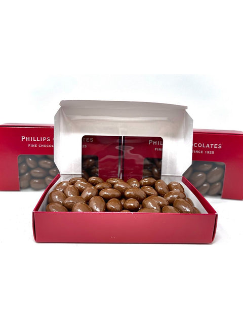 8oz Chocolate Covered Almonds from Phillips Chocolate, featuring mouthwatering almonds coated in rich milk or dark chocolate.