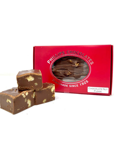 Delicious Chocolate Walnut Fudge Tray by Phillips Chocolate, showcasing rich and silky smooth fudge made with fresh ingredients.