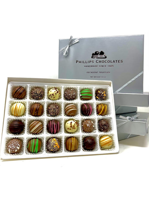 12oz Truffles by Phillips Chocolate featuring handcrafted rich chocolate centers, dipped in milk, dark, or white chocolate, perfect for gifting or indulgence.