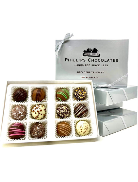 Indulge in delicious 6oz Truffles by Phillips Chocolate featuring rich chocolate centers dipped in creamy milk, dark, or white chocolate.