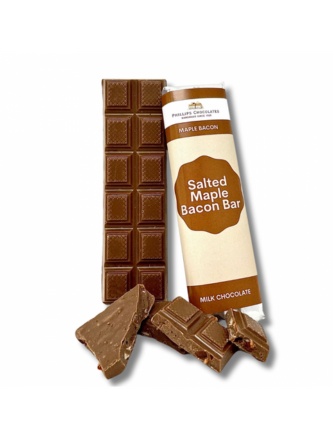 Delicious BAR SALTED MAPLE BACON chocolate by Phillips Chocolate, featuring a unique combination of sweet maple and savory bacon flavors.