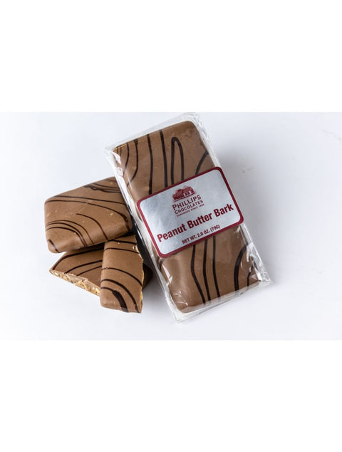 Delicious Peanut Butter Bark by Phillips Chocolate, featuring milk chocolate with a dark chocolate drizzle and a crunchy peanut butter filling.