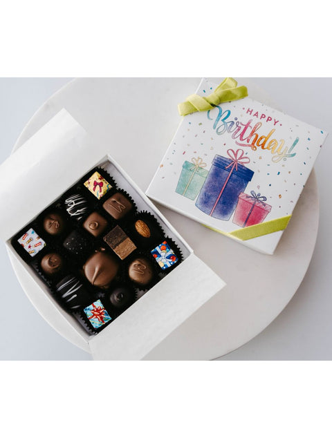Happy Birthday Box filled with assorted milk and dark chocolates, perfect for celebrating special occasions.