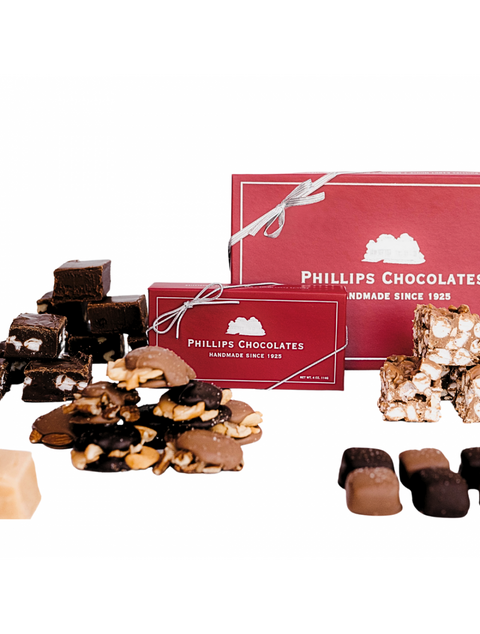 Delicious Chocolate of the Month Club box with assorted chocolates from Phillips Chocolate.