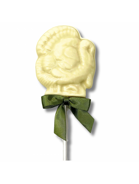 Delicious Turkey Bow Pop with white chocolate from Phillips Chocolate, perfect for festive treats.