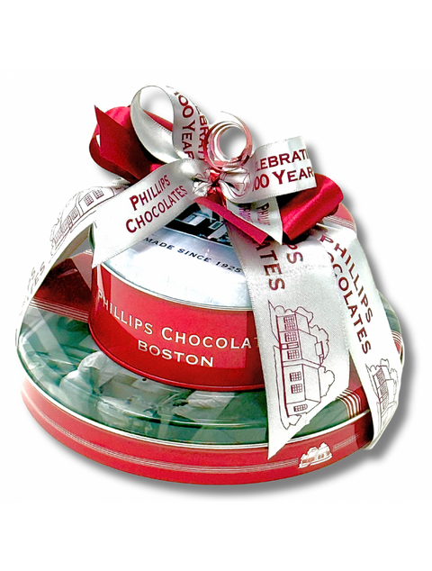 100th Anniversary Tin Stack from Phillips Chocolate, a beautifully designed tin filled with assorted chocolates, perfect for celebrations.