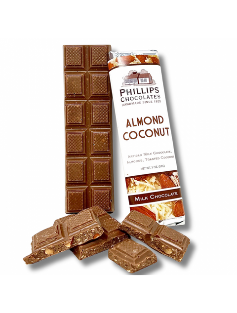 Delicious Milk Almond Coconut Chocolate Bar by Phillips Chocolate, showcasing a rich blend of creamy milk chocolate, crunchy almonds, and tropical coconut.