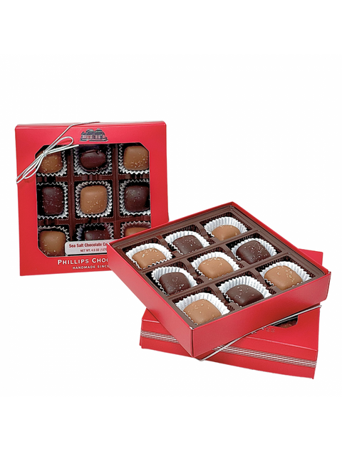 Delicious 9 Pack Sea Salt Caramels by Phillips Chocolate, featuring an assortment of milk and dark chocolate-covered caramels sprinkled with Himalayan White Sea Salt.