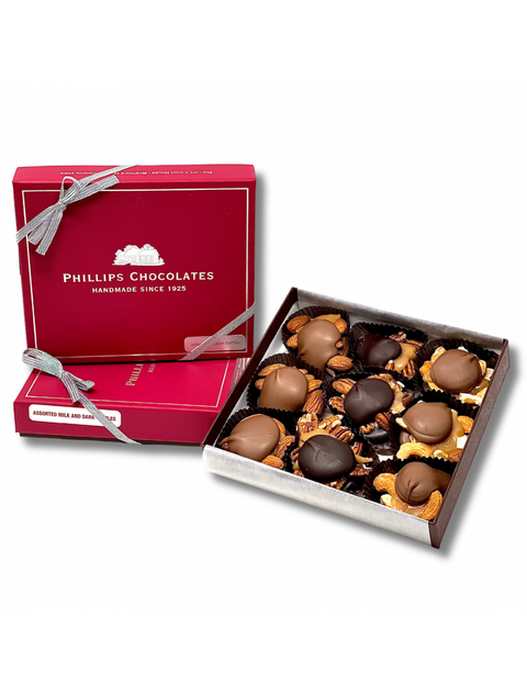 9 pack MILK AND DARK TURTLES by Phillips Chocolate, featuring a delightful assortment of creamy milk chocolate and rich dark chocolate turtles.