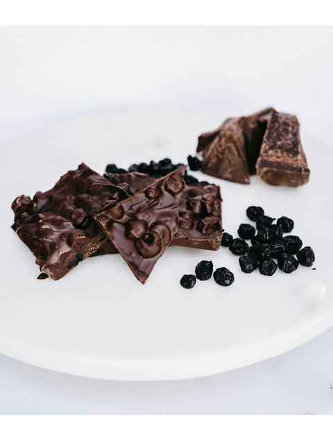 Blueberry Dark Vegan Bark by Phillips Chocolate, featuring dried blueberries and rich dark chocolate, perfect for a delicious vegan treat.