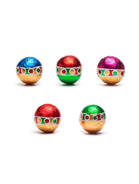 Milk Chocolate Christmas Balls in festive foil wrappers, perfect for holiday snacking and gifting.