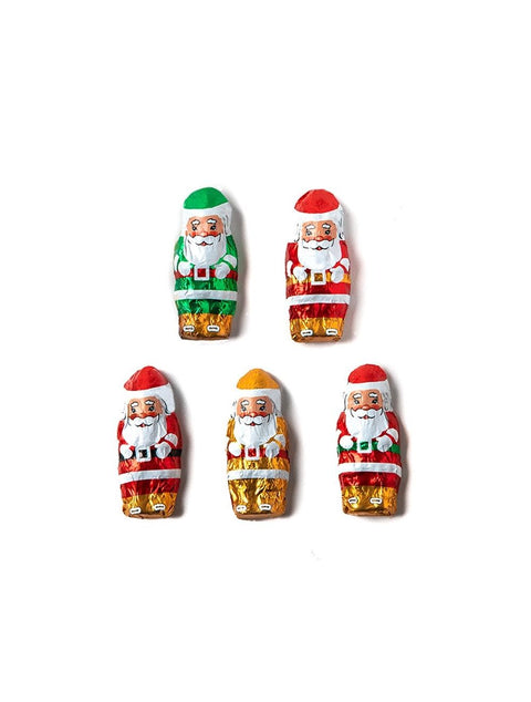 Mini Milk Santas - Bite-sized solid premium milk chocolate Santas wrapped in foil with festive designs.