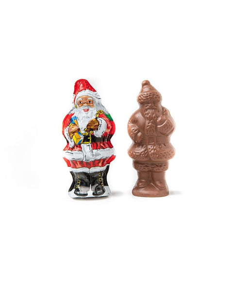 1.5 oz. Santa figure made of premium milk chocolate by Phillips Chocolate, detailed 3-dimensional design wrapped in festive foil.