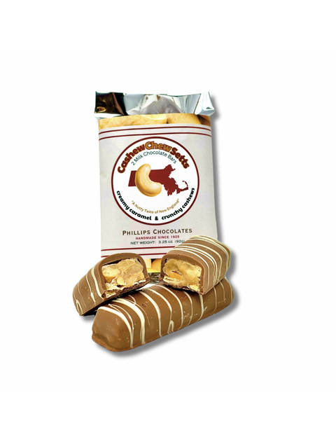CASHEWCHEWSETTS - 2 Bar Pack featuring creamy vanilla and crunchy cashews, perfect for satisfying chocolate cravings and a taste of New England.