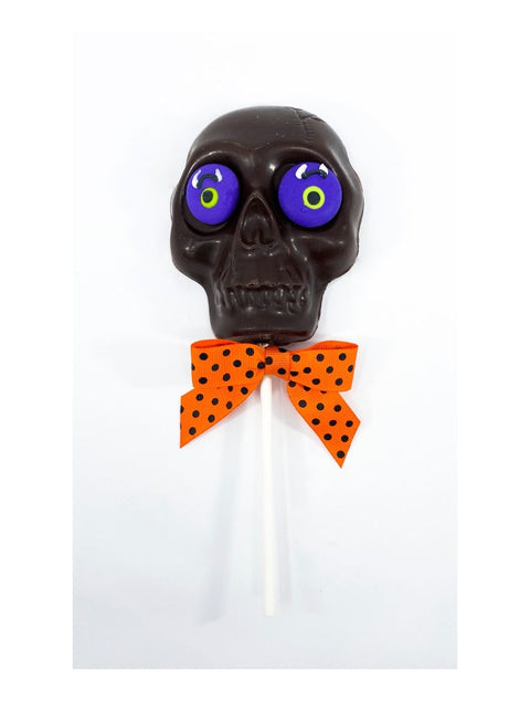 Skull Pop - Dark: A large dark chocolate skull lollipop by Phillips Chocolate, perfect for Halloween or fun treats.