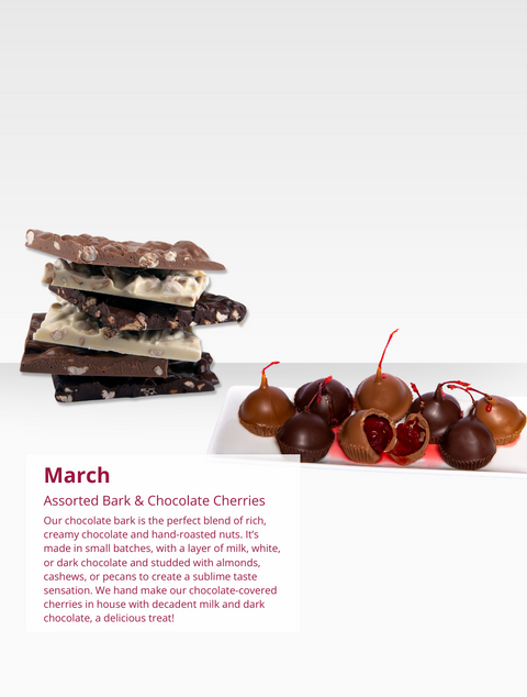 Beautifully arranged chocolates in the Chocolate of the Month Club subscription package.