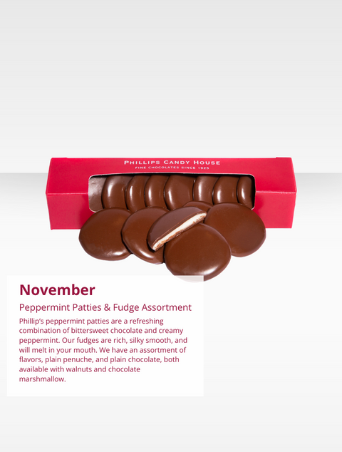Monthly shipment of gourmet chocolates in thermal packaging from the Chocolate of Month Club by Phillips Chocolate.