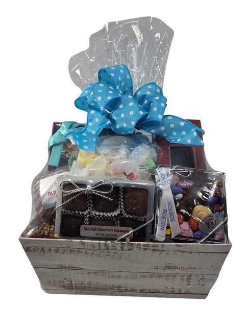 Delightful Summer Gift Basket featuring handcrafted treats like Salt Water Taffy, Sea Salt Caramels, and Milk Chocolate Lobster on the Rocks, capturing the essence of summer gatherings.