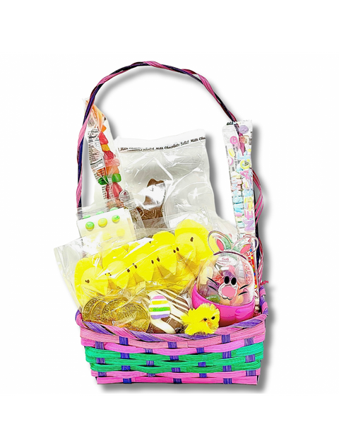 Rectangular Weave Basket filled with Easter treats including Peeps, chocolate rabbit, candy, and jelly beans for a festive surprise.