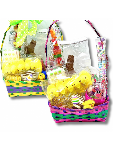 Close-up of Rectangular Weave Basket showcasing colorful Easter candy like gummy kabob and milk chocolate coins, perfect for gifts.