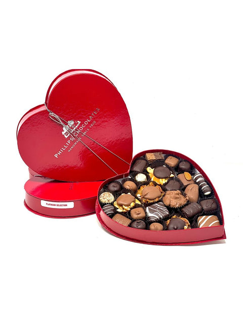 1lb. Platinum - Phillips Heart chocolate box, featuring delicious assorted chocolates inside a custom heart-shaped packaging by Phillips Chocolate.