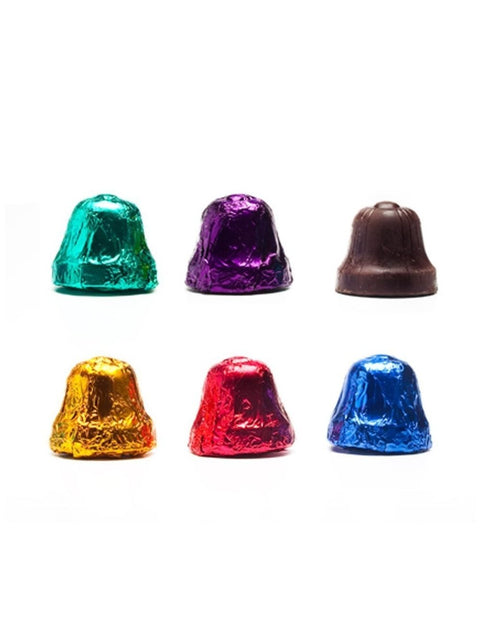 Dark Bells - premium solid dark chocolate bells wrapped in colorful Christmas foil, perfect for holiday treats.