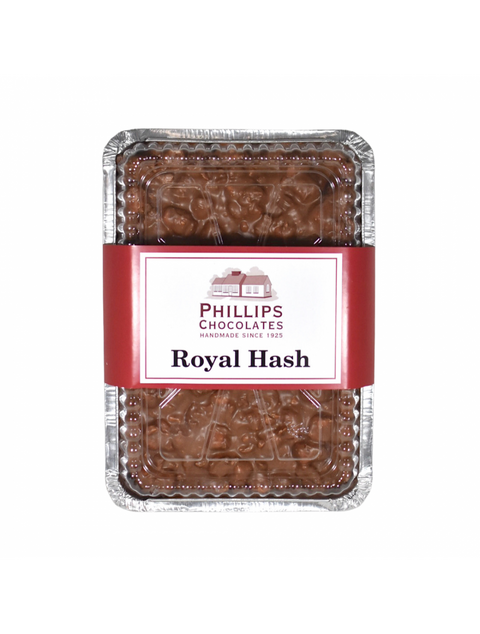 Royal Hash Tin - Milk Chocolate by Phillips Chocolate, featuring a delightful mix of chocolate, marshmallow, chopped nuts, and hazelnut butter in a 20 oz package.