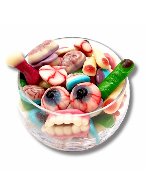 Missing Body Parts 8 oz display of gummy candies shaped like scary faces and body parts, ideal for Halloween celebrations.