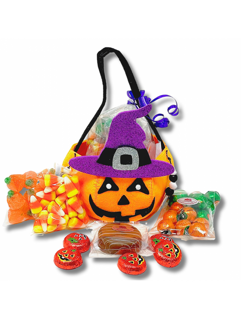 Spooktacular Pumpkin Felt Bag filled with Halloween sweets including chocolate-covered Oreos, Sour Patch Kids, foiled chocolates, candy corn, and jelly pumpkins