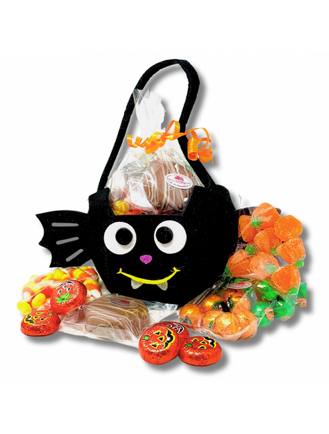 Stylish Bat Felt Bag by Phillips Chocolate, perfect for carrying treats and essentials in a spooky theme.