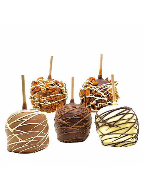 Delicious Chocolate Caramel Apple featuring crisp Granny Smith apples coated in rich caramel and smooth chocolate, perfect for a sweet treat.