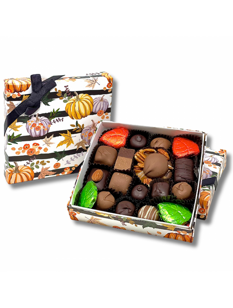 Autumn Splendor box of assorted fall-themed milk and dark chocolates by Phillips Chocolate, 8oz.