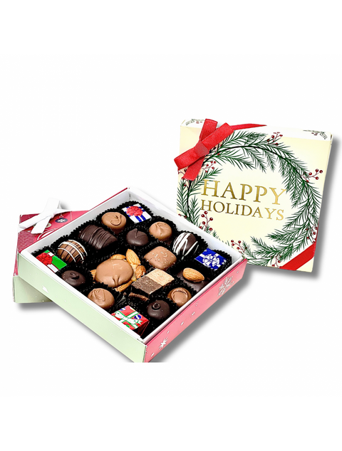 Holiday Splendor gift box filled with 9.5 oz. of assorted milk and dark chocolate by Phillips Chocolate.