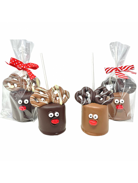 Marshmallow Reindeer Pop featuring fluffy marshmallow dipped in rich dark chocolate, topped with chocolate-covered pretzel antlers and a red jelly bean nose.