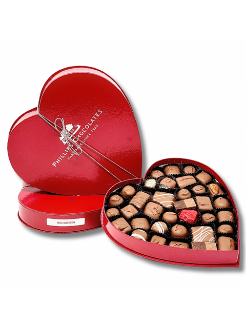 1lb. Milk Chocolate Assortment in a custom Phillips heart box, perfect for gifting or treating yourself.