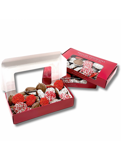 Delicious Valentines Non Pareils by Phillips Chocolate, perfect for gifting and sharing love on Valentine's Day.