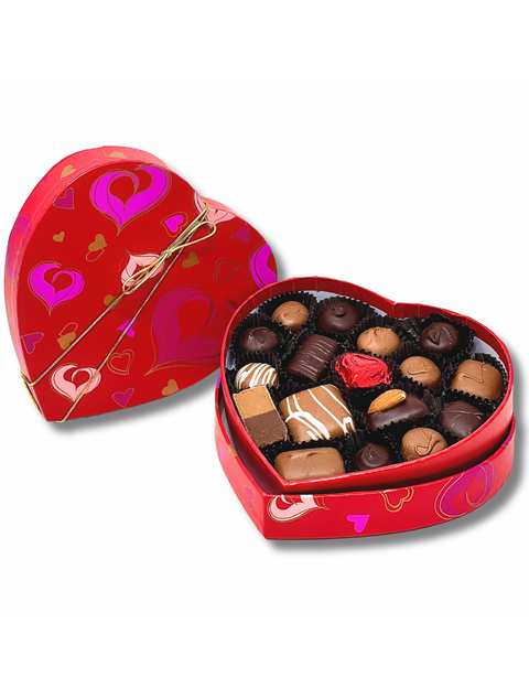 8oz. Milk & Dark Assortment - Red Quilted in a decorative heart box, featuring a delightful selection of chocolate treats.