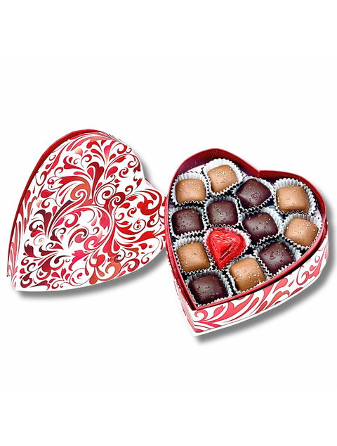 8oz. Milk & Dark Salted Caramel Assortment from Red Nolita, featuring assorted chocolates in a decorative heart box.
