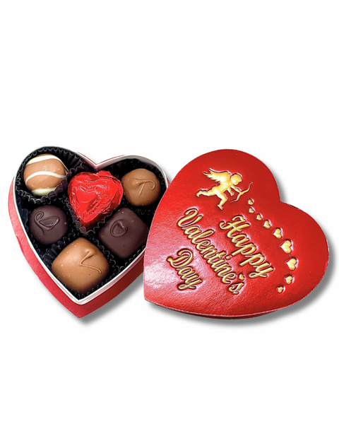 2oz. Happy Valentine's Heart box filled with assorted milk and dark chocolates, perfect for gifting on Valentine's Day.